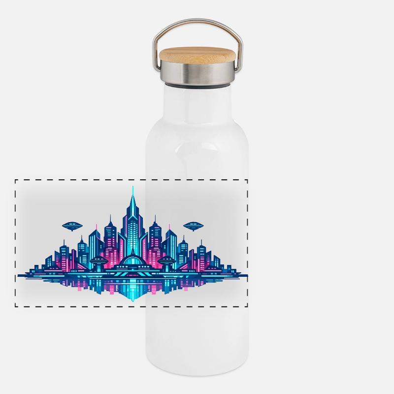 Neonstadt Reflektion Panorama Thermosflasche mit Bambusdeckel