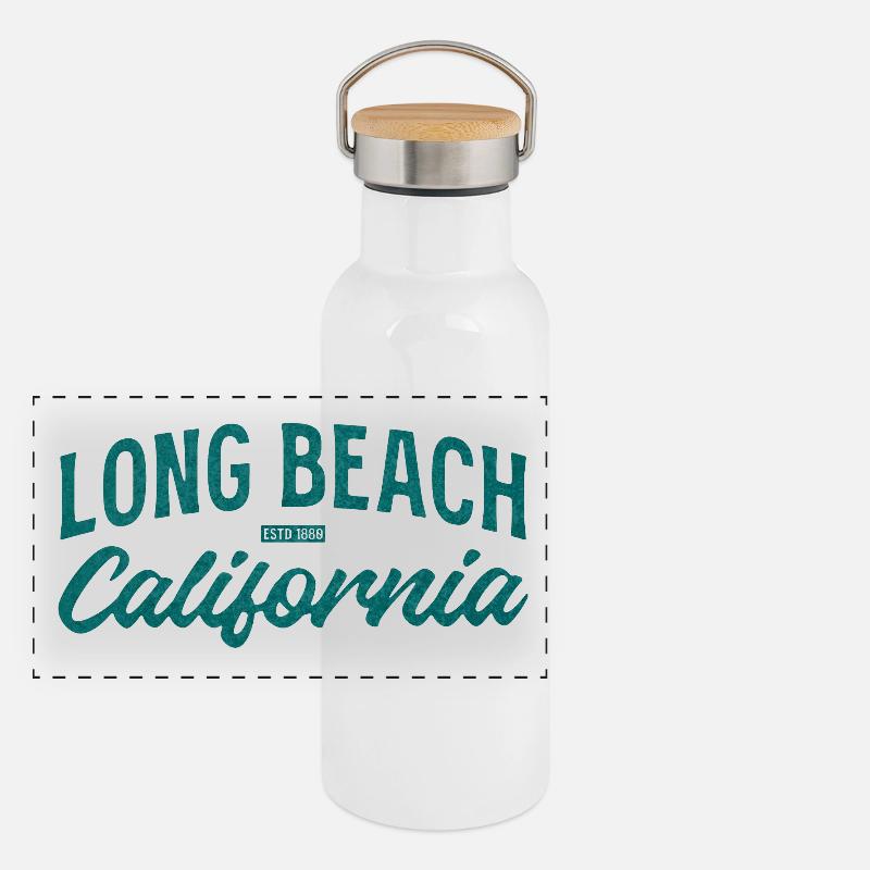 Long Beach California Vintage Script Panoramic Thermal Bottle with Bamboo Lid
