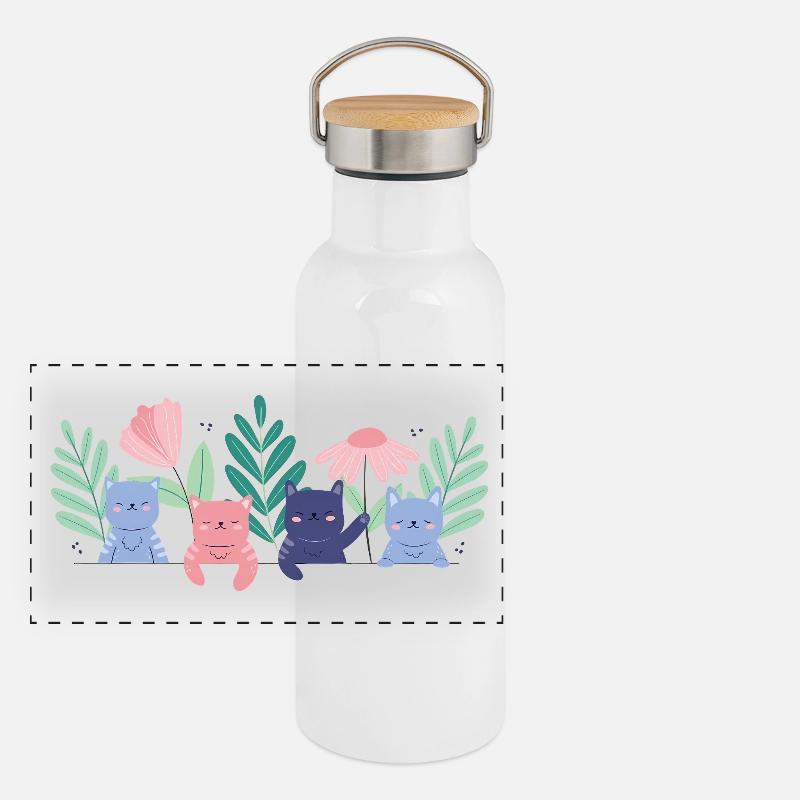 Skurrile Katze Garten Illustration Panorama Thermosflasche mit Bambusdeckel