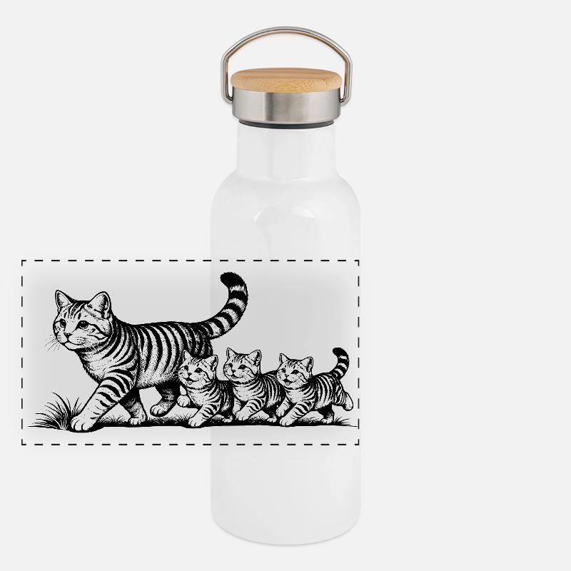 Mère chatte avec 3 chatons, noir et blanc Gourde isotherme avec bouchon en bambou