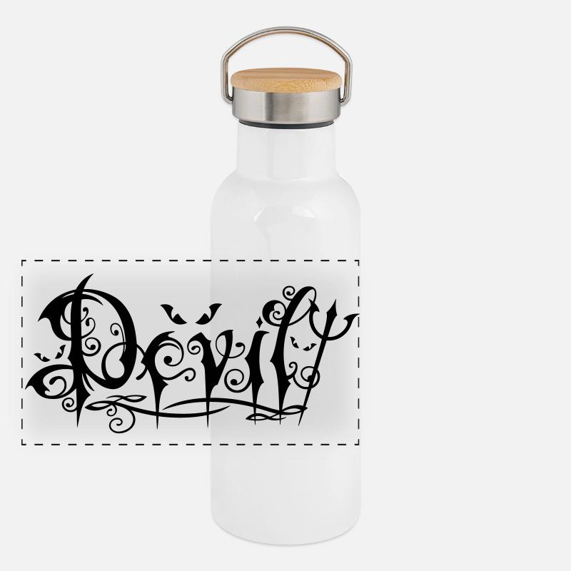 Devil Schriftzug im ornamentalen Gothic-Stil Panorama Thermosflasche mit Bambusdeckel