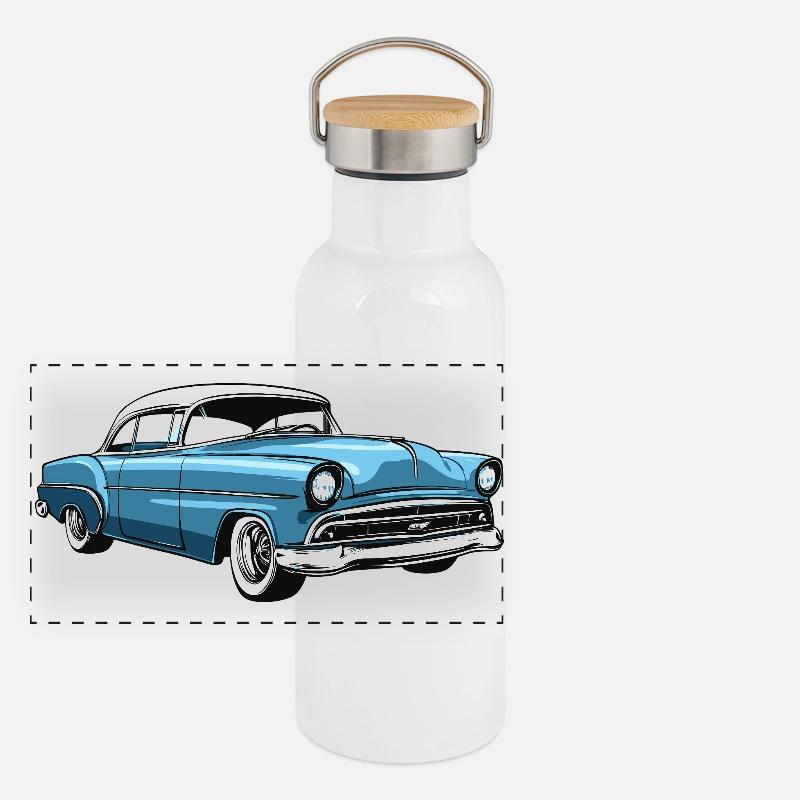 Retro US car in blue Panoramic Thermal Bottle with Bamboo Lid
