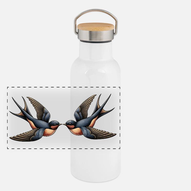 Schwalben – Rockabilly Panorama Thermosflasche mit Bambusdeckel