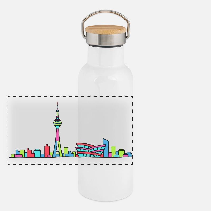 Stuttgarter Stadtskyline Fernsehturm Moderne Linienzeichnung Panorama Thermosflasche mit Bambusdeckel