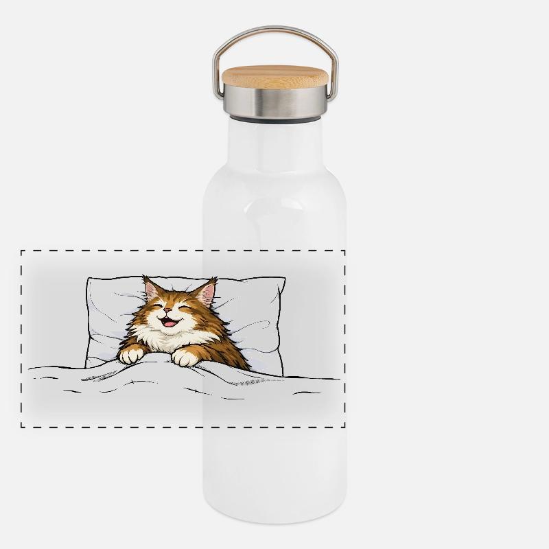 Sleeping Cat – Cute Cuddle Animal Design Panoramic Thermal Bottle with Bamboo Lid