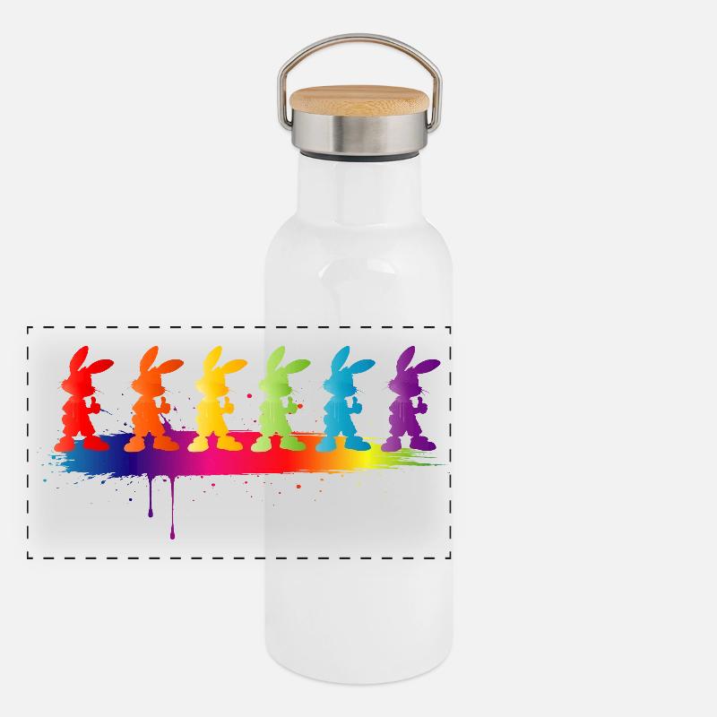 Bunte Hasen Silhouette Regenbogen Kinder Motiv Panorama Thermosflasche mit Bambusdeckel