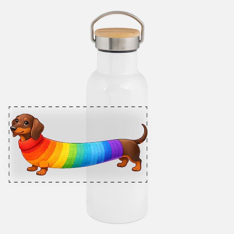 Dackel mit Regenbogen Pullover  Panorama Thermosflasche mit Bambusdeckel