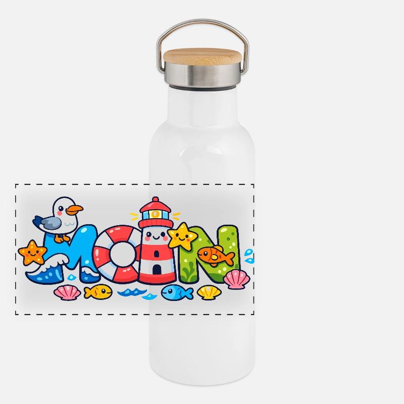 MOIN Möwe Leuchtturm Maritim Bunt Panorama Thermosflasche mit Bambusdeckel