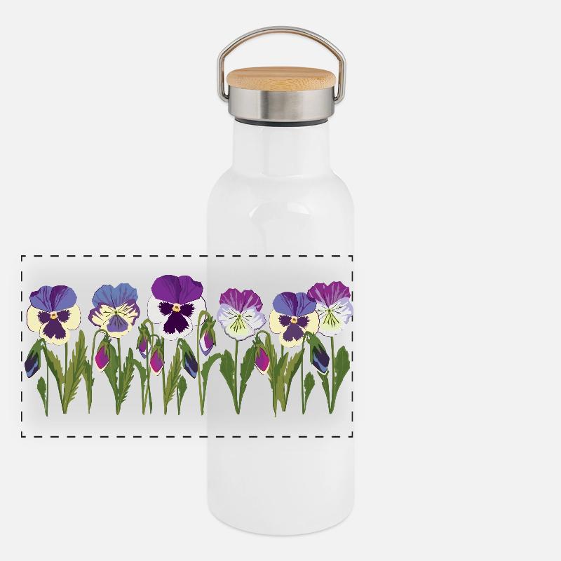 Pansy Blütenreihe in Lila Panorama Thermosflasche mit Bambusdeckel