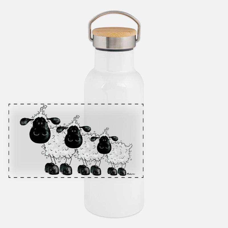 Drei Schäfchen - Schaf - Schafe- Sheep Panorama Thermosflasche mit Bambusdeckel