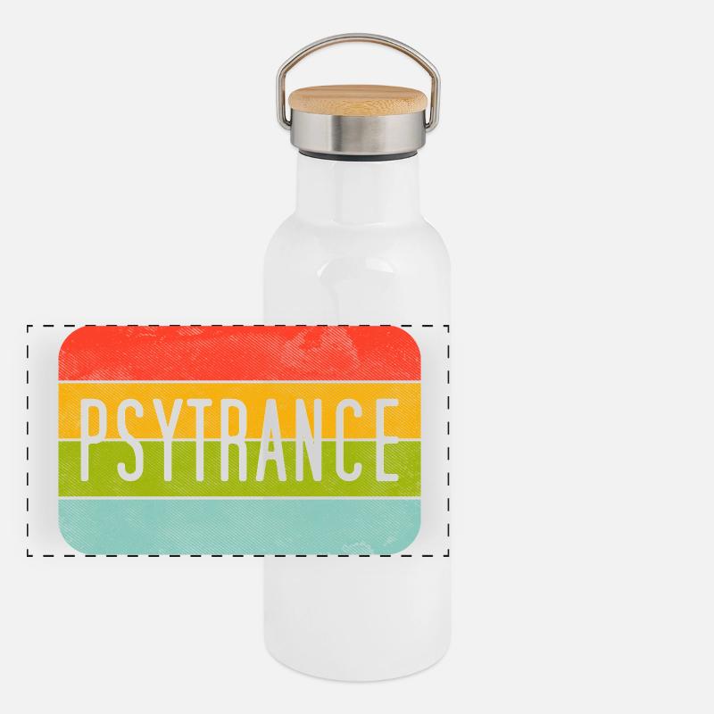Psytrance Regenbogen Streifen Panorama Thermosflasche mit Bambusdeckel