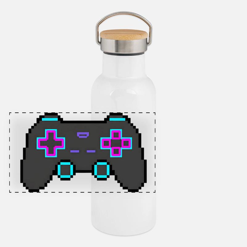Pixel Game Controller Retro 8 Bit Shirt Sticker Panorama Thermosflasche mit Bambusdeckel