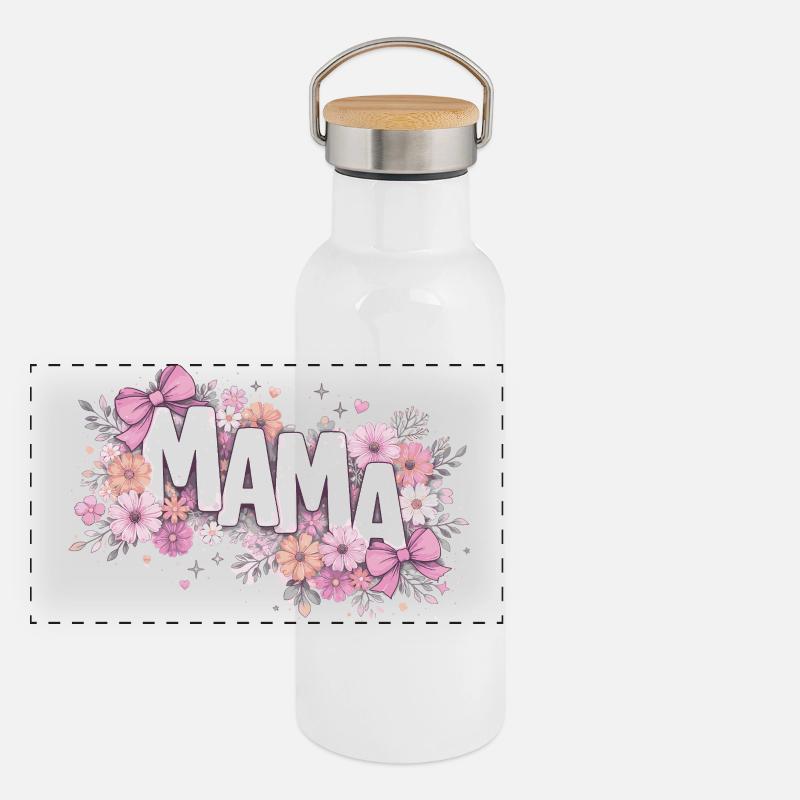 MAMA Fleurs Pastels et Nœuds Roses | Style Chic Gourde isotherme avec bouchon en bambou