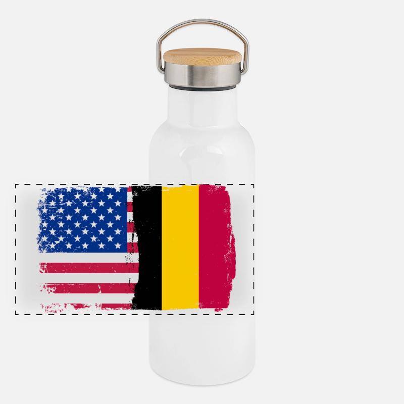 Grunge US Belgique Drapeau Split Gourde isotherme avec bouchon en bambou
