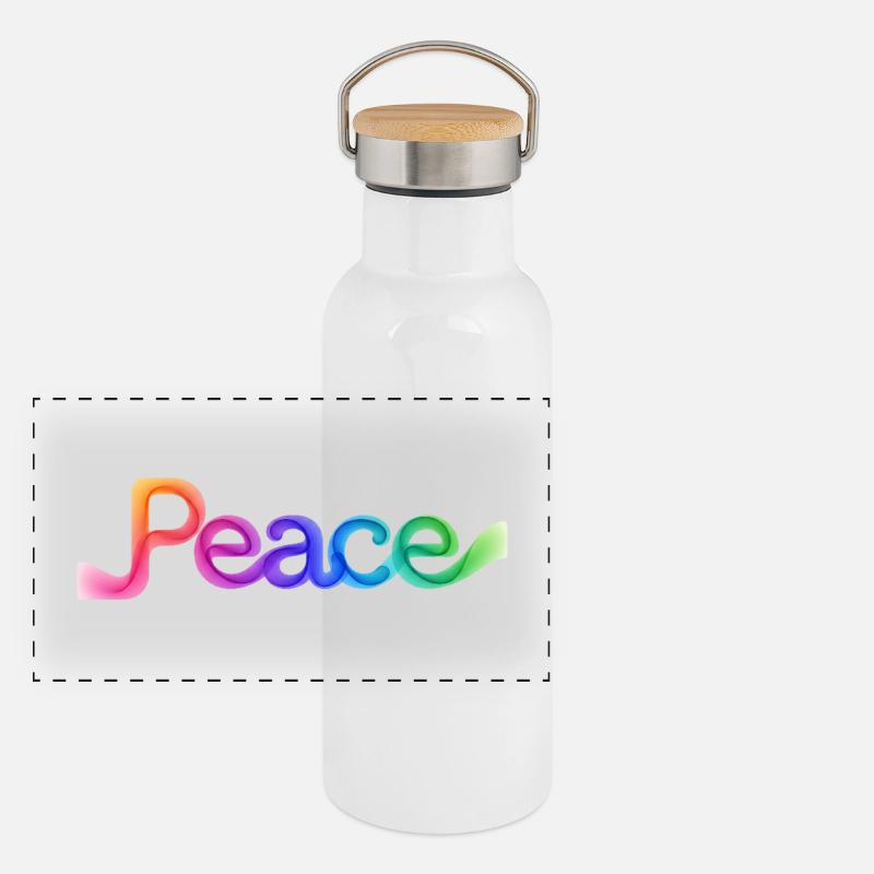 Farbige Peace-Schrift im Pfeildesign Panorama Thermosflasche mit Bambusdeckel
