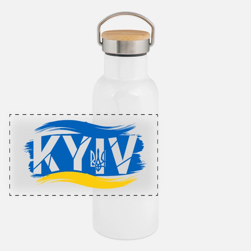 Ukrainischer Dreizack und Flagge Abstraktes Design Panorama Thermosflasche mit Bambusdeckel