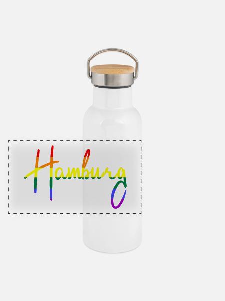 Hamburg - Regenbogen - Regenbogenfarben - Panorama Thermosflasche mit Bambusdeckel - Weiß