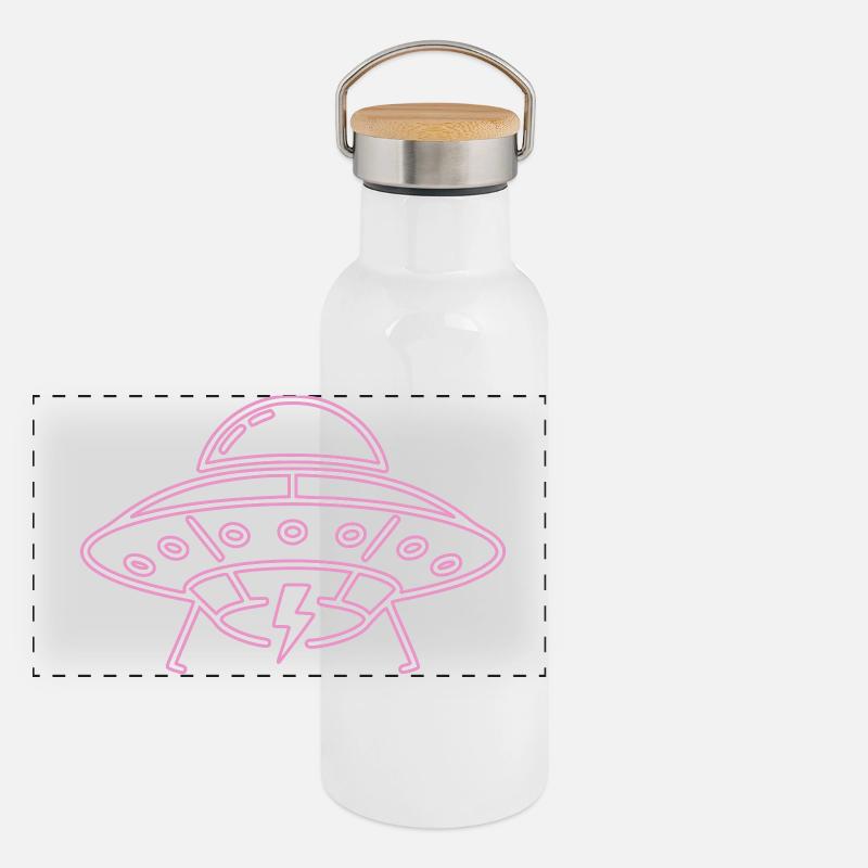 UFO Neon Pink Blitz Party Techno Vektor Panorama Thermosflasche mit Bambusdeckel