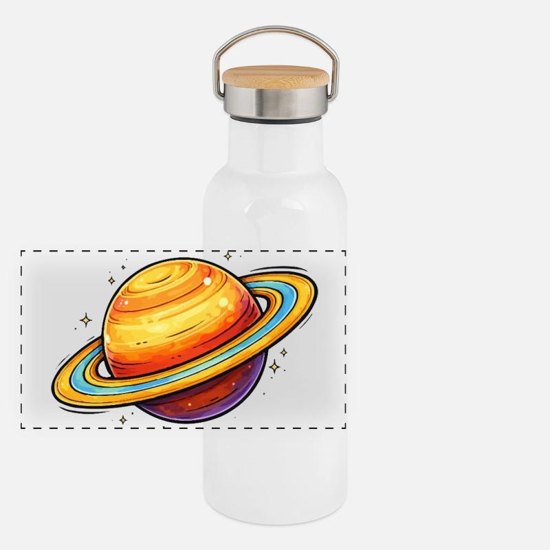 Saturn Planet Panorama Thermosflasche mit Bambusdeckel