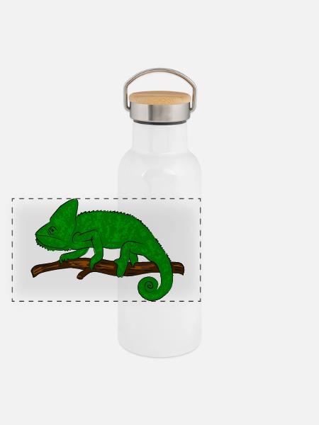 Chamäleon Exotisch - Panorama Thermosflasche mit Bambusdeckel - Weiß