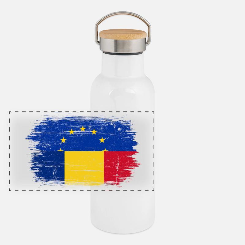 Des étoiles de l’UE sur le drapeau roumain Gourde isotherme avec bouchon en bambou