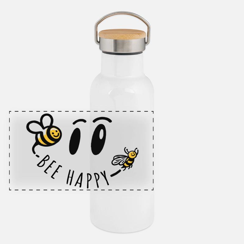 bee happy biene positiver spruch glück Panorama Thermosflasche mit Bambusdeckel