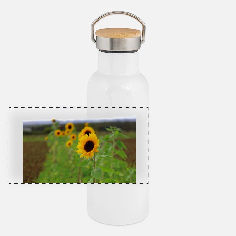 Sonnenblume - Panorama Thermosflasche mit Bambusdeckel - Weiß