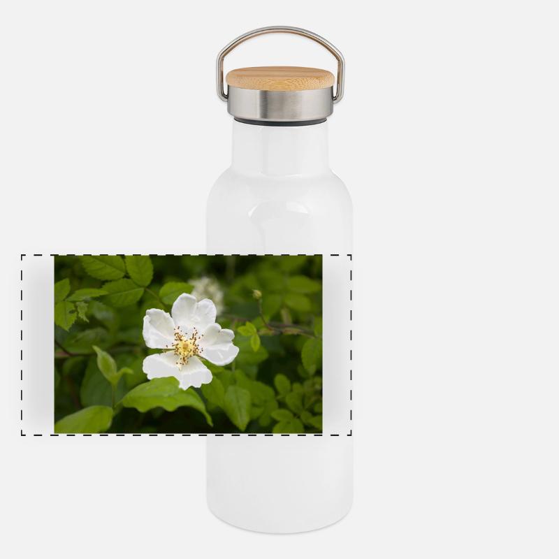 Feld-Rose - Panorama Thermosflasche mit Bambusdeckel - Weiß
