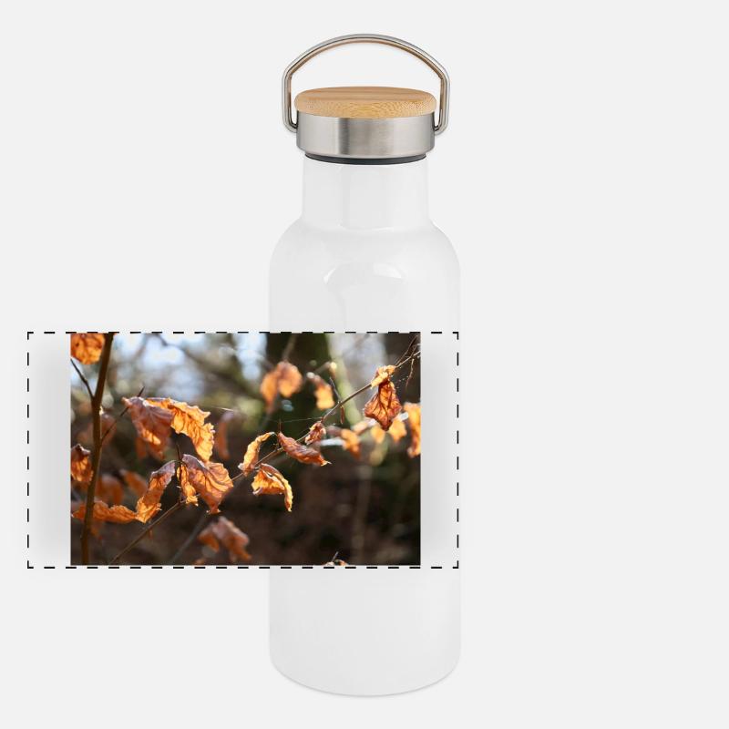 Herbstblätter - Panorama Thermosflasche mit Bambusdeckel - Weiß
