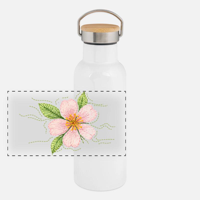 Fleur de cerisier dans un style broderie Gourde isotherme avec bouchon en bambou