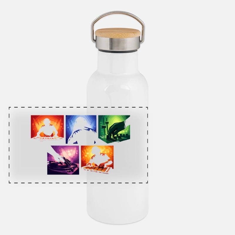 Schallwellen DJ-Set Farbexplosion Panorama Thermosflasche mit Bambusdeckel