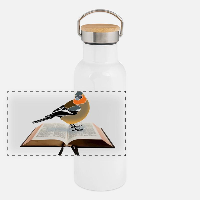 Buchfink auf Buch Panorama Thermosflasche mit Bambusdeckel