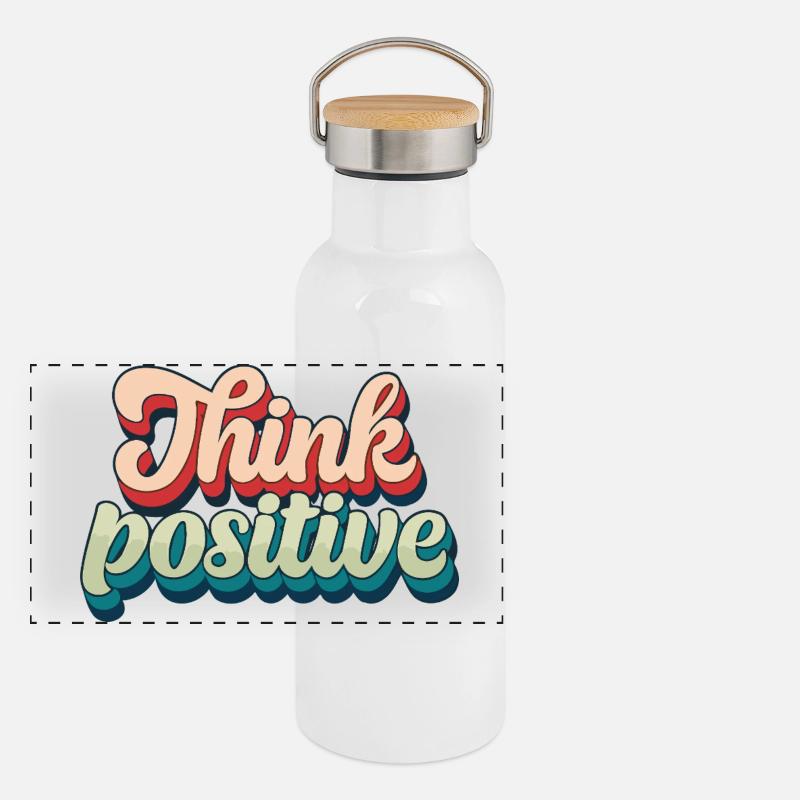 Think Positive Retro Script Panorama Thermosflasche mit Bambusdeckel
