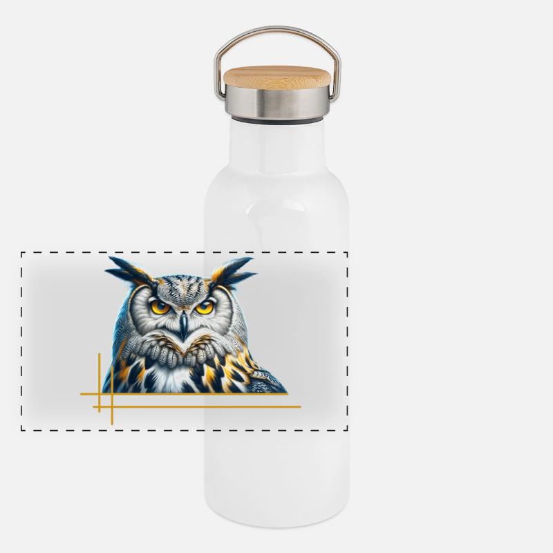 Beeindruckender Uhu Panorama Thermosflasche mit Bambusdeckel