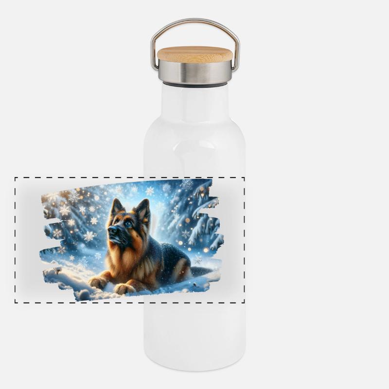 Deutscher Schäferhund in einer magischen Winterlandschaft Panorama Thermosflasche mit Bambusdeckel