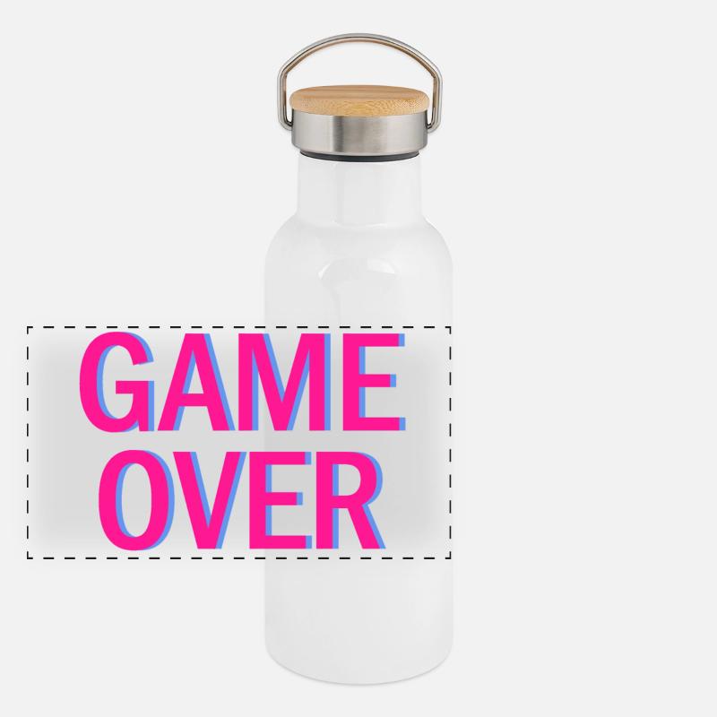 Game Over Neon Arcade Vibe Panorama Thermosflasche mit Bambusdeckel