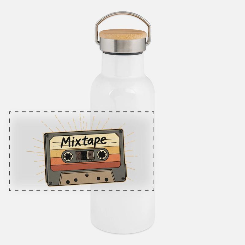 Retro Mixtape Kassette Panorama Thermosflasche mit Bambusdeckel