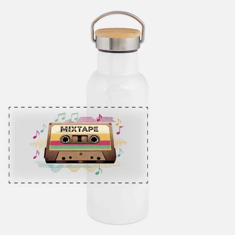 Retro Mixtape NeonNotes Panorama Thermosflasche mit Bambusdeckel