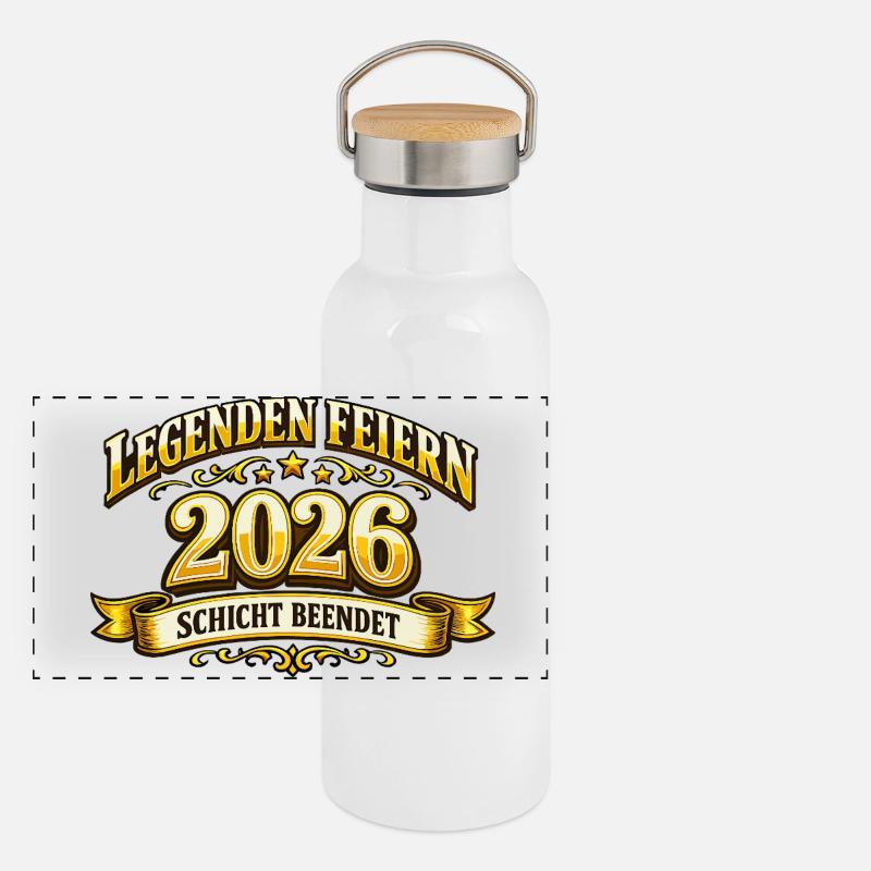 Legenden feiern 2026 Schicht beendet Spruch Panorama Thermosflasche mit Bambusdeckel
