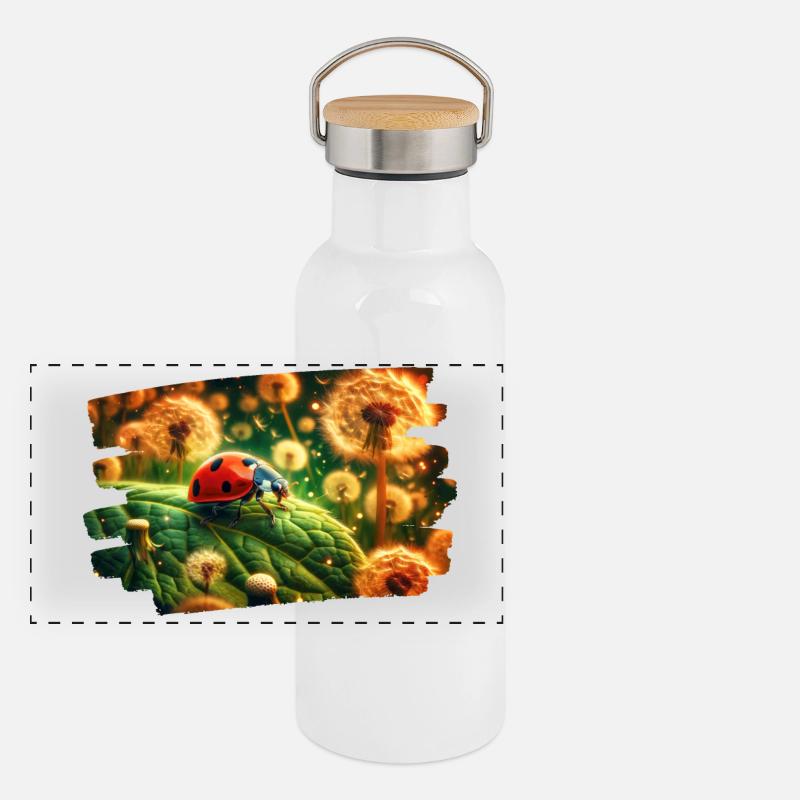 Ladybug in golden dandelion light Panoramic Thermal Bottle with Bamboo Lid