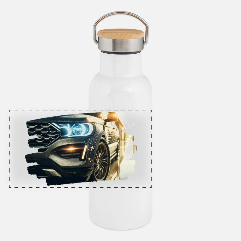 Modern luxury car in the rain reflection Panoramic Thermal Bottle with Bamboo Lid