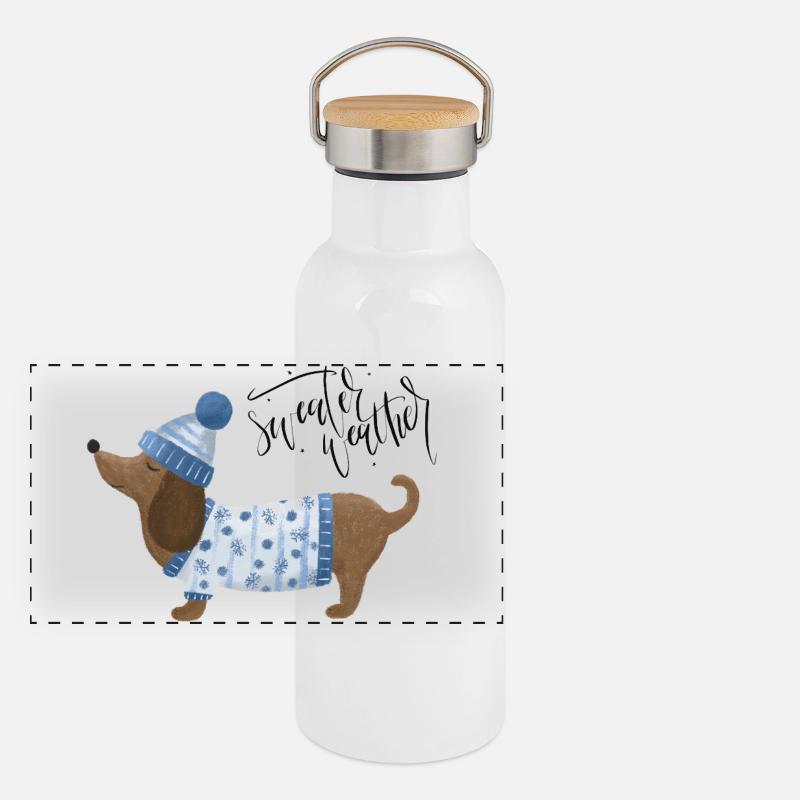 Dackel mit Pullover und Mütze Sweater Weather blau Panorama Thermosflasche mit Bambusdeckel