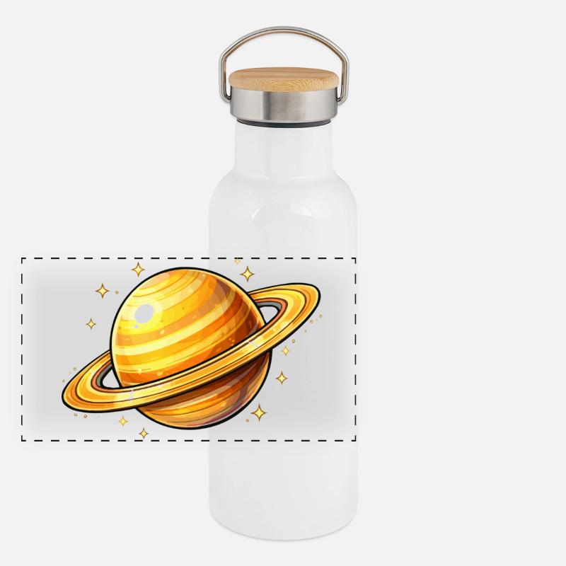 Saturn mit leuchtenden Ringen Panorama Thermosflasche mit Bambusdeckel