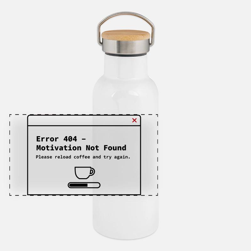 404 Motivation Not Found – System Error Coffee Panorama Thermosflasche mit Bambusdeckel
