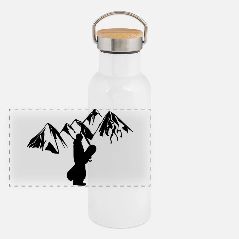 Snowboarder mit Bergen Panorama Thermosflasche mit Bambusdeckel