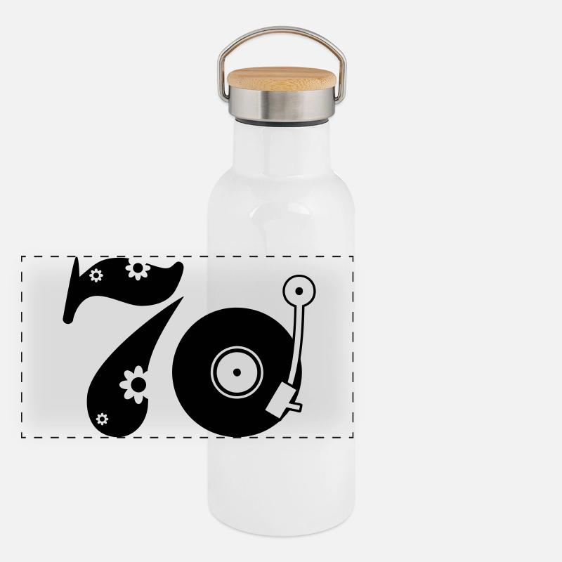 70er Siebzig Seventees Panorama Thermosflasche mit Bambusdeckel