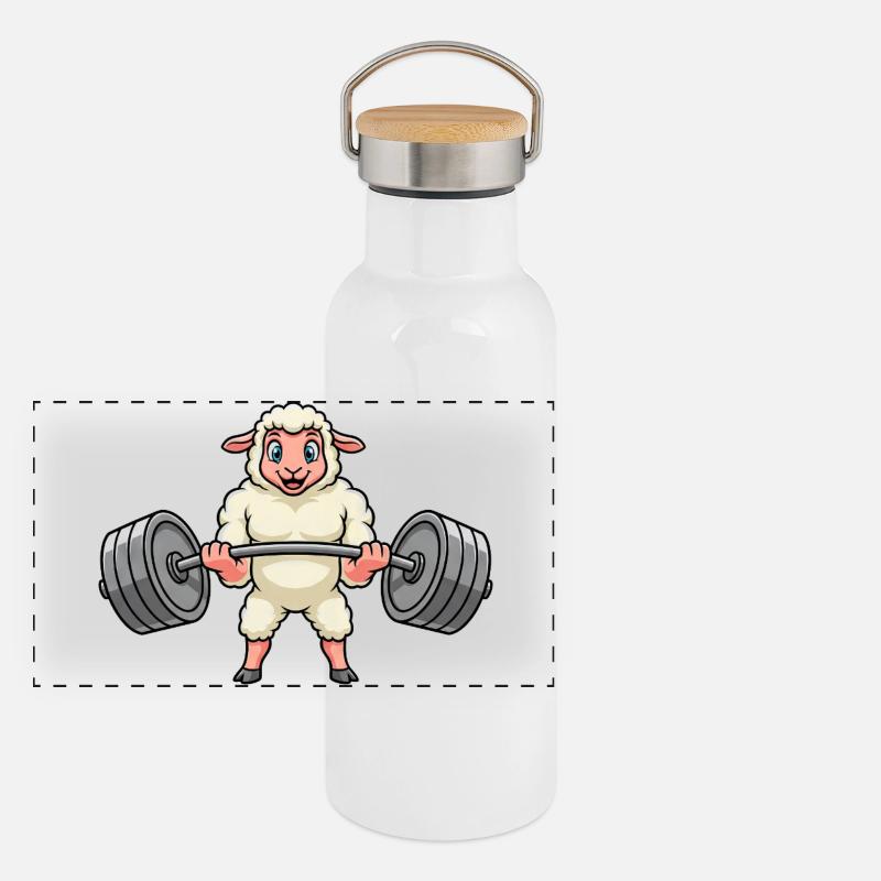 Dessin animé de battage de mouton fort avec haltères Gourde isotherme avec bouchon en bambou