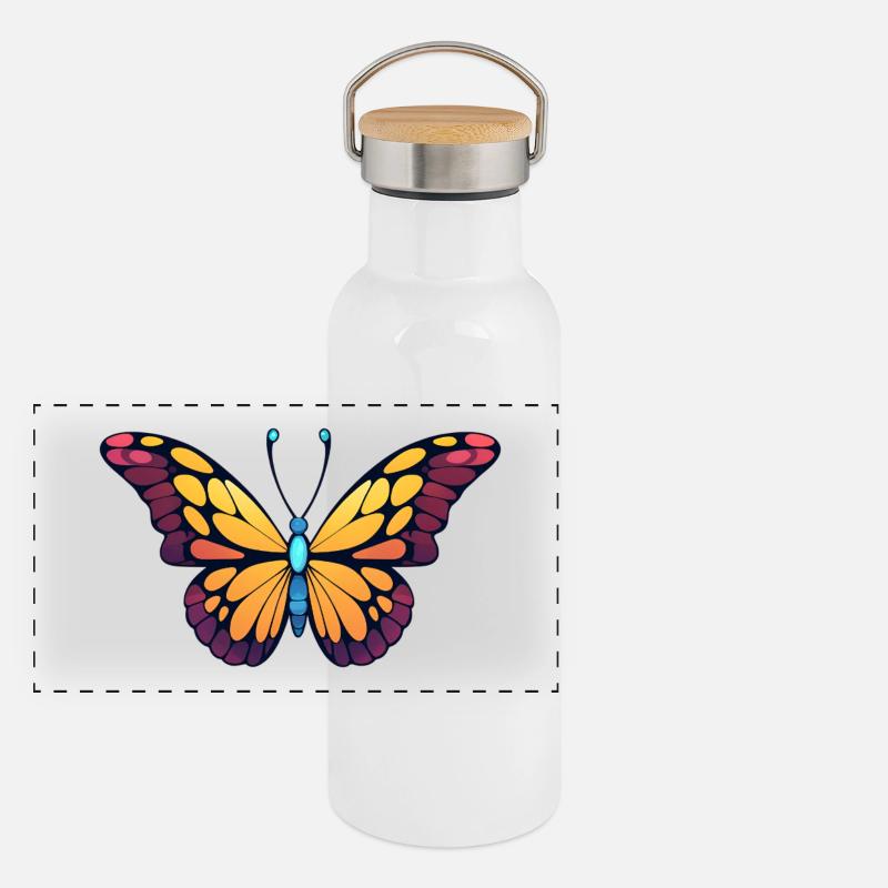 Papillon coloré - Gourde isotherme avec bouchon en bambou - blanc