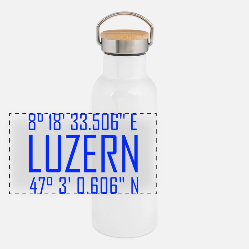 Coordonnées de Lucerne – typographie en référence à la localisation Gourde isotherme avec bouchon en bambou