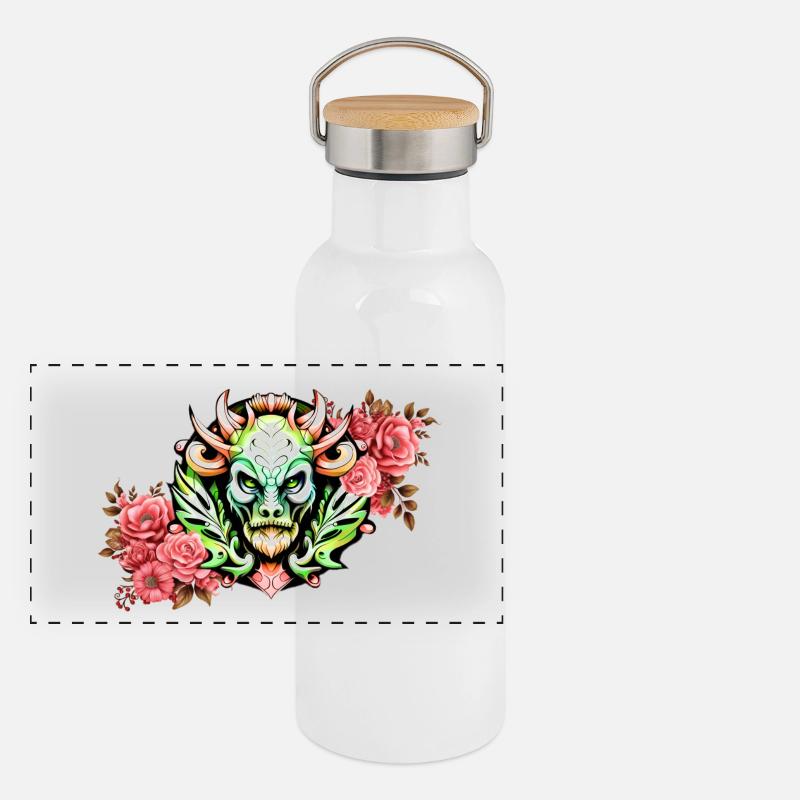 Mystérieuse créature colorée avec des fleurs. Gourde isotherme avec bouchon en bambou